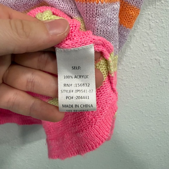 BiBi Women Striped Knit Top Teal Yellow Orange Pink Short Sleeve Sweater M - Picture 4 of 8